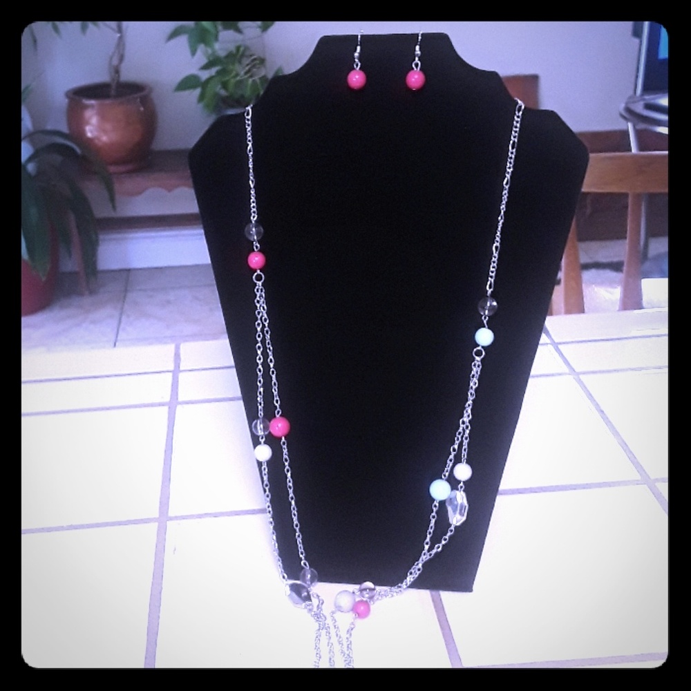 Silver necklace with pink, baby blue, white,beads